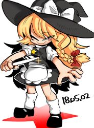 Rule 34 | 1girl, apron, black eyes, black footwear, black hat, black skirt, black vest, blonde hair, blush stickers, bow, braid, closed mouth, commentary request, cookie (touhou), dated, full body, glint, hair bow, hat, hat bow, holding, holding knife, kirisame marisa, knife, long hair, looking at viewer, mary janes, medium bangs, one eye closed, puffy short sleeves, puffy sleeves, red bow, red star, shirt, shoes, short sleeves, simple background, single braid, skirt, skirt set, smile, socks, solo, standing, star (symbol), suzu (cookie), tetugakuzonbi, touhou, turtleneck, turtleneck shirt, unusually open eyes, vest, waist apron, white apron, white background, white bow, white shirt, white socks, witch hat