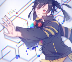 Rule 34 | 1girl, arrow (symbol), bandaid, bandaid on face, black hair, black jacket, commentary, crying, crying with eyes open, enomoto takane, gas mask, hexagon, jacket, kagerou project, long sleeves, looking ahead, mask, muuta04, paint splatter, parted lips, popped collar, red eyes, solo, tears, twintails, upper body, zipper