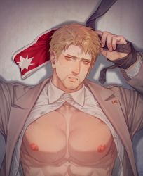 Rule 34 | 1boy, abs, anderain, armband, bara, bare pectorals, blonde hair, blush, buttons, facial hair, frown, goatee, head tilt, jacket, looking at viewer, lying, male focus, marley military uniform, military, military uniform, necktie, nipples, official alternate costume, on back, open clothes, open jacket, open shirt, pectoral focus, pectorals, reiner braun, shingeki no kyojin, short hair, solo, sweatdrop, undone necktie, uniform, upper body