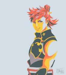 Rule 34 | 1boy, absurdres, bare arms, scar on face, fire emblem, fire emblem fates, highres, hinata (fire emblem), looking at viewer, male focus, nintendo, ponytail, scar, scar on cheek, scar on face, signature, simple background, smile, solo, streaac