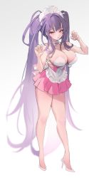 Rule 34 | 1girl, absurdres, apron, bare shoulders, bikini, bikini top only, breasts, collar, female focus, full body, high heels, highres, large breasts, long hair, looking at viewer, maid, maid apron, maid headdress, miniskirt, original, pink skirt, purple hair, red eyes, shoes, simple background, skirt, solo, swimsuit, thighs, very long hair, white background, white bikini, zerocat