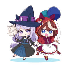 Rule 34 | 2girls, :d, animal ears, animal hood, apron, balloon, black dress, black footwear, blue eyes, blue flower, blue gloves, blush, boots, bow, brown hair, capelet, chibi, closed mouth, collarbone, colored shadow, commentary request, dress, fake animal ears, flower, frilled apron, frilled skirt, frills, gloves, hat, holding, holding balloon, holding hands, hood, hood up, hooded capelet, horse ears, horse girl, horse hood, horse tail, long sleeves, mejiro mcqueen (umamusume), multicolored hair, multiple girls, nozo (hitomiz), open mouth, purple bow, purple eyes, purple footwear, purple hair, purple skirt, red capelet, shadow, shirt, short eyebrows, skirt, smile, standing, standing on one leg, streaked hair, tail, teeth, thick eyebrows, tokai teio (umamusume), umamusume, upper teeth only, waist apron, white apron, white background, white shirt, witch, witch hat, wrist cuffs