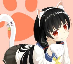Rule 34 | animal ear fluff, animal ears, bell, black hair, black skirt, blue sailor collar, blush, cat ears, cat tail, closed mouth, fake animal ears, gloves, hair ribbon, hair tie, hand up, isokaze (kancolle), jingle bell, kantai collection, kuragoru (klein gordoneq), long hair, looking at viewer, out of frame, paw pose, paw print, paw print background, pleated skirt, red eyes, ribbon, sailor collar, school uniform, serafuku, simple background, skirt, smile, tail, tail bell, tail ornament, tail raised, white gloves, white tail