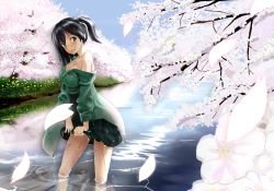 Rule 34 | 10s, 1girl, black hair, blue eyes, blue sky, blush, breasts, cherry blossoms, cleavage, day, highres, japanese clothes, kantai collection, kurihara09083303771, kurihara kenshirou, large breasts, long sleeves, off shoulder, open mouth, personification, petals, ribbon, river, short hair, skirt, sky, smile, solo, souryuu (kancolle), tree, twintails, water, wet, wet clothes, wide sleeves
