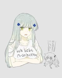 Rule 34 | 2girls, arms under breasts, breasts, clothes writing, comic, commentary request, crossed arms, facial mark, german text, girls&#039; frontline, green eyes, hair ornament, hk416 (girls&#039; frontline), large breasts, long hair, multiple girls, one side up, scar, scar across eye, scar on face, shirt, shittotyu, side ponytail, silver hair, t-shirt, translated, ump45 (girls&#039; frontline)