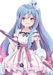 Rule 34 | 1girl, :d, amano kouki, bare shoulders, blue hair, blush, commentary request, dress, feather boa, fingernails, frilled dress, frills, gradient hair, hair between eyes, hair ornament, highres, holding, long hair, looking at viewer, multicolored hair, one side up, open mouth, pantyhose, pink hair, purple eyes, rilliona (yu-gi-oh!), sleeveless, sleeveless dress, smile, solo, streaked hair, very long hair, white dress, white pantyhose, witchcrafter madame verre, yu-gi-oh!