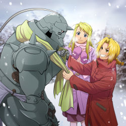 Rule 34 | 1girl, 2boys, ahoge, alphonse elric, armor, blonde hair, blue eyes, braid, braided ponytail, brown eyes, closed mouth, coat, edward elric, full armor, fullmetal alchemist, green scarf, grin, hair intakes, highres, long hair, long sleeves, low ponytail, multiple boys, ponytail, prosthesis, prosthetic hand, purple coat, red coat, scarf, shsh8860, smile, snowing, winry rockbell, winter, winter clothes, winter coat