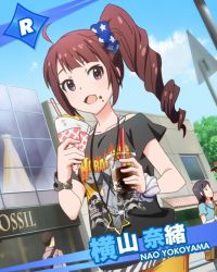 Rule 34 | 10s, 1boy, 2girls, ahoge, bracelet, brown hair, character name, clothes writing, crepe, drink, food, food on face, idolmaster, idolmaster million live!, jewelry, looking at viewer, multiple girls, official art, purple eyes, scrunchie, side ponytail, yokoyama nao