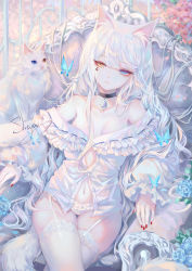 1girl, animal, animal ears, artist name, bangs, bare shoulders, black choker, blue eyes, bug, butterfly, cat, cat ears, choker, commentary, cowboy shot, ear piercing, eyebrows visible through hair, facial mark, garter straps, heterochromia, highres, insect, long hair, long sleeves, looking at viewer, nail polish, navel, off shoulder, original, panties, piercing, red nails, sheya, shirt, signature, silver hair, sitting, solo, symbol commentary, thighhighs, thighs, underwear, white cat, white hair, white legwear, white panties, white shirt, yellow eyes