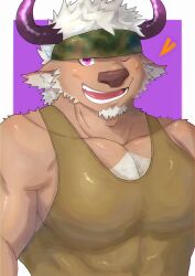 Rule 34 | 1boy, animal ears, bara, border, brown fur, cacaocoffee, camouflage, camouflage headwear, chest hair, commentary, cow ears, cow horns, facial hair, furry, furry male, goatee, green tank top, headband, heart, highres, horns, large pectorals, looking at viewer, male focus, minotaur, muscular, muscular male, one eye closed, open mouth, outside border, pectorals, purple background, purple eyes, purple horns, shennong (housamo), short hair, simple background, smile, solo, tank top, tokyo houkago summoners, upper body, white border, white hair