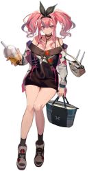 Rule 34 | 1girl, azur lane, bag, bare shoulders, between breasts, black choker, black dress, black necktie, black ribbon, bra strap, breasts, bremerton (azur lane), bremerton (day-off date) (azur lane), bubble tea, choker, cleavage, clenched teeth, collarbone, cup, dress, drink, eyewear hang, unworn eyewear, fang, full body, grey hair, hair between eyes, hair intakes, hair ribbon, highres, holding, holding bag, holding cup, jacket, katsudansou, large breasts, long hair, long sleeves, looking at viewer, mole, mole on breast, mole under eye, multicolored hair, nail polish, necktie, necktie between breasts, off-shoulder dress, off shoulder, official alternate costume, official art, open clothes, open jacket, open mouth, parted lips, pink eyes, pink hair, ribbon, shoes, sidelocks, sitting, sitting on table, skin fang, smile, sneakers, standing, star (symbol), star print, streaked hair, table, teeth, transparent background, twintails, two-tone hair, white footwear, white jacket