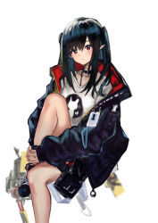 Rule 34 | 1girl, absurdres, arknights, bad id, bad pixiv id, black choker, black hair, black jacket, choker, closure (arknights), collarbone, hair between eyes, highres, holding own foot, id card, jacket, kit, knee to chest, light blush, long hair, long sleeves, looking at viewer, open clothes, open jacket, pointy ears, red eyes, shirt, solo, twintails, white background, white shirt