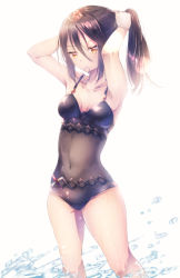 Rule 34 | 1girl, absurdres, alternate hairstyle, amano rune, black hair, black one-piece swimsuit, breasts, breasts apart, covered navel, feet out of frame, hair tie in mouth, highres, long hair, medium breasts, morag ladair (obligatory leave) (xenoblade), morag ladair (xenoblade), mouth hold, one-piece swimsuit, ponytail, simple background, solo, swimsuit, water, white background, xenoblade chronicles (series), xenoblade chronicles 2, yellow eyes