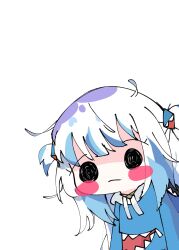 Rule 34 | 1girl, animal costume, animal hood, black eyes, blue hair, blue hoodie, blush stickers, chibi, closed mouth, gawr gura, gawr gura (1st costume), grey hair, hair ornament, highres, hololive, hololive english, hood, hood down, hoodie, koyoinacho, long hair, long sleeves, looking at viewer, messy hair, multicolored hair, shark costume, shark girl, shark hair ornament, shark hood, simple background, smol gura, solid circle eyes, solo, streaked hair, two side up, upper body, virtual youtuber, white background
