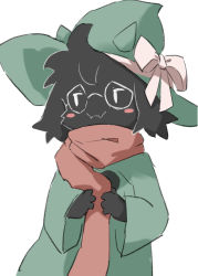 Rule 34 | 1boy, absurdres, animal ears, blush stickers, bow, cloak, closed mouth, deltarune, fangs, furry, furry male, glasses, goat ears, goat horns, green cloak, green hat, hat, hat bow, highres, horns, horns through headwear, long sleeves, male focus, pink scarf, ralsei, round eyewear, scarf, simple background, smile, solo, standing, tsukiya (rajx3523), white background, white bow, wizard hat