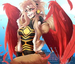 Rule 34 | 1girl, absurdres, blonde hair, boku no hero academia, breasts, cityscape, female focus, genderswap, genderswap (mtf), gloves, happy, hawks (boku no hero academia), highres, large breasts, leotard, long hair, looking up, red wings, sky, smile, solo, tattoo, uniform, wings, yellow eyes