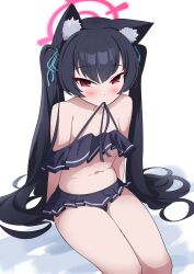 Rule 34 | 1girl, absurdres, animal ear fluff, animal ears, bare arms, bare legs, bare shoulders, bikini, black bikini, black hair, blue archive, blush, breasts, cat ears, extra ears, frilled bikini, frills, hair between eyes, halo, highres, kittenlochen, long hair, looking at viewer, navel, official alternate costume, pink halo, red eyes, serika (blue archive), serika (swimsuit) (blue archive), small breasts, solo, swimsuit, twintails