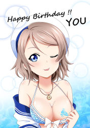 Rule 34 | 1girl, :p, bare shoulders, blue eyes, blush, breasts, character name, female focus, grey hair, gx9900wing, hair between eyes, happy birthday, jewelry, large breasts, looking at viewer, love live!, love live! sunshine!!, necklace, one eye closed, short hair, solo, swimsuit, swimsuit under clothes, tattoo, tongue, tongue out, watanabe you, wink