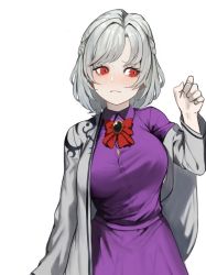 Rule 34 | 1girl, blush, bow, bowtie, braid, breasts, brooch, cowboy shot, dress, french braid, grey jacket, hand up, heoningu, jacket, jewelry, kishin sagume, large breasts, long sleeves, looking to the side, off shoulder, open clothes, open jacket, purple dress, red bow, red bowtie, red eyes, short hair, silver hair, simple background, solo, touhou, white background