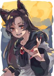 Rule 34 | 1girl, absurdres, black scarf, bright pupils, brown hair, colored inner hair, fingernails, grey pupils, hand up, highres, imaizumi kagerou, long hair, long sleeves, looking at viewer, multicolored hair, nail polish, open mouth, red eyes, red nails, reiga (act000), scarf, shirt, solo, touhou, white shirt
