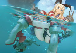 Rule 34 | 10s, 1girl, afloat, anchor, bad id, bad pixiv id, black panties, blonde hair, elbow gloves, gloves, hairband, highres, hoiko, innertube, kantai collection, long hair, looking at viewer, panties, partially submerged, rensouhou-chan, shimakaze (kancolle), side-tie panties, smoke, striped clothes, striped thighhighs, swim ring, thighhighs, torn clothes, underwear, untied