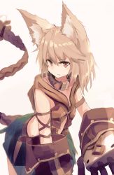 Rule 34 | 10s, 1girl, animal ears, armband, brown eyes, cat ears, claw (weapon), collar, collarbone, erune, granblue fantasy, grey hair, hair between eyes, hizakozouzu, long hair, no eyebrows, open mouth, sen (granblue fantasy), simple background, smile, solo, weapon, white background