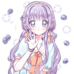 Rule 34 | 1girl, blue eyes, blue shirt, blueberry, blush, braid, copyright request, food, fruit, hand up, long hair, looking at viewer, neck ribbon, orange ribbon, purple hair, ribbon, ribbon braid, shirt, short sleeves, solo, upper body, white background, yalmyu