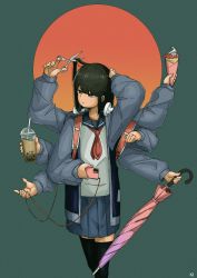 Rule 34 | 1girl, absurdres, arms up, backpack, bag, black hair, black thighhighs, blue eyes, blue jacket, blue skirt, bubble tea, cable, cellphone, closed mouth, cup, cutting hair, cutting own hair, drinking straw, extra arms, film grain, fingernails, food, fruit, green background, hair between eyes, hand on own head, hatching (texture), headphones, headphones around neck, highres, holding, holding cup, holding food, holding phone, holding scissors, holding umbrella, jacket, long hair, nickel ni plus, original, phone, purple umbrella, red neckwear, school uniform, scissors, serafuku, signature, skirt, sleeves past wrists, solo, strawberry, thighhighs, transparent, umbrella, uniform