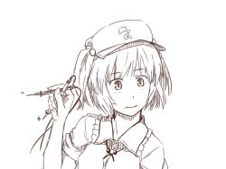 Rule 34 | 1girl, hat, kawashina (momen silicon), kawashiro nitori, monochrome, short hair, simple background, sleeves rolled up, solo, touhou, twintails, two side up, white background