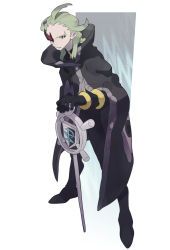 Rule 34 | 1boy, absurdres, ahoge, black coat, black gloves, black pants, buttons, cane, cloak, coat, creatures (company), eyepiece, full body, game freak, ghetsis (pokemon), gloves, green hair, hand up, highres, holding, holding cane, long hair, looking to the side, male focus, mimura (nnnnnnnnmoo), nintendo, pants, parted lips, pokemon, pokemon bw2, popped collar, red-tinted eyewear, red eyes, solo, standing, team plasma, tinted eyewear, white background