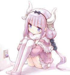 Rule 34 | 10s, 1girl, bad id, bad pixiv id, beads, black bow, black hairband, blouse, blue eyes, blunt bangs, bow, buran (kure), capelet, charging, dragon girl, dragon horns, dress, electric plug, electrical outlet, expressionless, female focus, frilled capelet, frilled skirt, frills, gothic lolita, hair beads, hair bow, hair ornament, hairband, highres, horns, hugging own legs, jitome, kanna kamui, knees up, kobayashi-san chi no maidragon, legs together, light purple hair, lolita fashion, long hair, long sleeves, low twintails, microdress, miniskirt, no panties, no shoes, on floor, purple hair, recharging, shirt, simple background, sitting, skirt, solo, tail, thighhighs, twintails, white background, white thighhighs