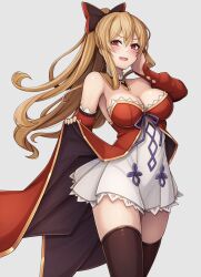 Rule 34 | 1girl, alfort (may0508), bare shoulders, blonde hair, blush, bow, breasts, cleavage, dress, granblue fantasy, hair between eyes, hair bow, highres, large breasts, long hair, looking at viewer, open mouth, ponytail, red eyes, smile, solo, thighhighs, vira (granblue fantasy)