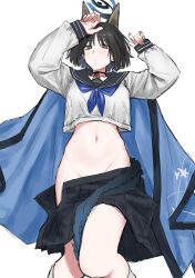 Rule 34 | 1girl, aegyo sal, animal ears, black choker, black eyes, black hair, blue archive, blue neckerchief, blush, cat ears, cat tail, choker, clothes pull, collarbone, cropped shirt, egomeshi, extra ears, feet out of frame, halo, haori, highres, japanese clothes, kikyou (blue archive), knee up, long sleeves, looking at viewer, lying, multiple tails, navel, neckerchief, no panties, on back, ribbon choker, sailor collar, school uniform, short hair, simple background, skirt, skirt pull, socks, solo, stomach, tail, tail wrap, two tails, white background, white socks