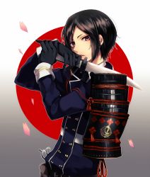 Rule 34 | 10s, 1boy, armor, bad id, bad pixiv id, black gloves, black hair, brown eyes, cherry blossoms, gloves, holding, holding weapon, japanese armor, japanese flag, looking at viewer, male focus, military, military uniform, parted lips, personification, petals, ri-rihoo, scissors, short sword, shoulder armor, sode, solo, sword, tantou, touken ranbu, uniform, upper body, weapon, yagen toushirou