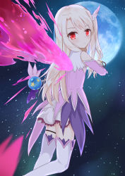 Rule 34 | 1girl, aroma0501, blonde hair, blurry, blurry foreground, boots, closed mouth, commentary request, depth of field, detached sleeves, energy wings, fate/kaleid liner prisma illya, fate (series), feather hair ornament, feathers, full moon, hair ornament, highres, holding, holding wand, illyasviel von einzbern, long hair, long sleeves, looking at viewer, looking back, magical girl, magical ruby, moon, night, night sky, one side up, outdoors, pink feathers, pink shirt, prisma illya, red eyes, shirt, skirt, sky, sleeveless, sleeveless shirt, solo, star (sky), starry sky, thigh boots, thighhighs, very long hair, wand, white footwear, white skirt, white thighhighs