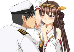 Rule 34 | 10s, 1boy, 1girl, admiral (kancolle), ahoge, arm behind head, bare shoulders, blush, brown hair, detached sleeves, hairband, hat, highres, japanese clothes, kantai collection, kongou (kancolle), kuroame (kurinohana), licking, licking armpit, long hair, military, military uniform, nontraditional miko, one eye closed, simple background, solo focus, tongue, transparent background, uniform, white background