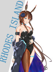 Rule 34 | 1girl, :d, absurdres, amiya (arknights), animal ears, arknights, armband, bare shoulders, black jacket, black leotard, blue eyes, blush, breasts, brown hair, brown pantyhose, bureoeve, commentary, cowboy shot, fake animal ears, fishnets, grey background, hair between eyes, hair ribbon, highres, jacket, jewelry, large breasts, leotard, long hair, long sleeves, looking at viewer, low ponytail, multiple rings, off shoulder, open clothes, open jacket, open mouth, pantyhose, playboy bunny, ponytail, rabbit ears, ribbon, ring, sidelocks, single leg pantyhose, smile, solo, standing, strapless, strapless leotard, thigh strap, thighs, two-tone background, very long hair, white background