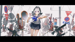 Rule 34 | 1girl, assault rifle, black skirt, blood, blood on face, blue eyes, blue neckerchief, cevio, commentary request, feet out of frame, grey sailor collar, gun, hair ornament, highres, ishida (segu ishida), kafu (cevio), letterboxed, looking at viewer, multicolored eyes, neckerchief, parted lips, pleated skirt, red eyes, rifle, road sign, running, sailor collar, school uniform, serafuku, shirt, short hair, short sleeves, sign, silver hair, skirt, solo, traffic cone, traffic light, weapon, white shirt