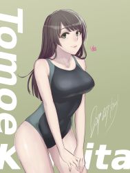 Rule 34 | 1girl, absurdres, breasts, brown hair, character name, competition swimsuit, danieri, green background, green eyes, hand on own thigh, heart, highres, kamita tomoe, large breasts, long hair, one-piece swimsuit, seiren, smile, solo, swimsuit, thighs