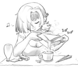 Rule 34 | 1girl, :3, blush, breasts, chopsticks, cleavage, closed eyes, closed mouth, cup, hair over one eye, highres, kromer (project moon), large breasts, limbus company, mayonnaise bottle, mug, multicolored hair, noodle strainer, project moon, short hair, short ponytail, smile, solo, steam, strainer, streaked hair, tank top, unknown sakaki