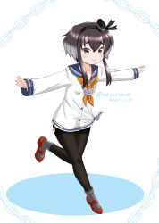 Rule 34 | 1girl, anchor necklace, black hair, black hat, black pantyhose, blue sailor collar, brown eyes, dress, full body, hat, jewelry, kantai collection, looking at viewer, masara (chuujou), mini hat, neckerchief, necklace, one-hour drawing challenge, outstretched arms, pantyhose, red footwear, rudder footwear, sailor collar, sailor dress, seamed legwear, shirt, short hair, short hair with long locks, side-seamed legwear, sidelocks, smile, smokestack hair ornament, solo, tied shirt, tokitsukaze (kancolle), white background, white dress, yellow neckerchief