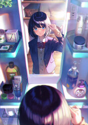 Rule 34 | 1girl, adjusting hair, basket, bathroom, black hair, blazer, blue eyes, blush, bow, bowtie, breasts, buttons, clock, closed mouth, collared shirt, commentary request, cowboy shot, dappled sunlight, day, dress shirt, electrical outlet, from above, from behind, indoors, jacket, laundry basket, light switch, looking at mirror, mirror, mole, mole under eye, open clothes, open jacket, original, plaid, plaid bow, plaid bowtie, red bow, red bowtie, reflection, school uniform, shirt, short hair, small breasts, soap bottle, solo, straight hair, sunlight, sweater vest, towel, uniform, unowen, white shirt, wooden floor, yellow sweater vest