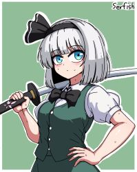 1girl blue_eyes dress_shirt ehehe52921343 hairband konpaku_youmu ribbon shirt short_hair sweat sword touhou vest weapon white_hair