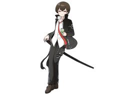 Rule 34 | 1boy, absurdres, artist request, black hair, black jacket, black pants, closed eyes, counter:side, facing viewer, full body, highres, holding, holster, jacket, joo shiyoon, katana, knife, korean text, necktie, official art, open clothes, open collar, open jacket, pants, pocket, red necktie, sheath, sheathed, shirt, short hair, solo, sword, thigh holster, translation request, transparent background, untucked shirt, weapon, white shirt