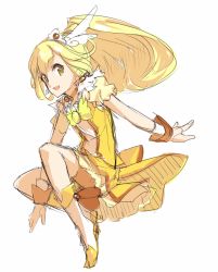 Rule 34 | 10s, 1girl, :d, blonde hair, boots, bow, cure peace, dress, full body, hair flaps, hair ornament, high heel boots, high heels, kise yayoi, konishi (koconatu), long hair, open mouth, ponytail, precure, puffy short sleeves, puffy sleeves, short sleeves, shorts, shorts under skirt, simple background, skirt, smile, smile precure!, solo, white background, white footwear, wrist cuffs, yellow bow, yellow dress, yellow eyes, yellow shorts, yellow skirt, yellow theme