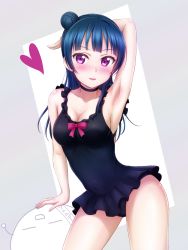 Rule 34 | 10s, 1girl, arm behind head, arm up, armpits, black neckwear, black one-piece swimsuit, blue hair, blunt bangs, blush, bow, breasts, casual one-piece swimsuit, ckst, cleavage, contrapposto, covered navel, cowboy shot, di gi charat, frilled swimsuit, frills, gema, grey background, hair bun, heart, highres, long hair, looking at viewer, love live!, love live! school idol festival, love live! sunshine!!, medium breasts, one-piece swimsuit, parted lips, pink bow, purple eyes, revision, side bun, single hair bun, single side bun, smile, solo, standing, swimsuit, tsushima yoshiko