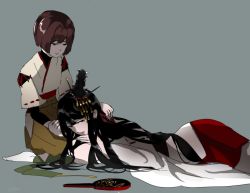 Rule 34 | 10s, 2girls, black hair, bodysuit, brown eyes, brown hair, commentary request, detached sleeves, fusou (kancolle), grey background, hair ornament, hakama, hakama skirt, holding hands, hand mirror, hand on another&#039;s leg, hand on another&#039;s shoulder, hyuuga (kancolle), japanese clothes, kantai collection, kousetsu (nonosuke), lap pillow, long hair, lying, mirror, multiple girls, nontraditional miko, on stomach, red eyes, red hakama, seiza, short hair, sitting, sketch, skirt, wide sleeves