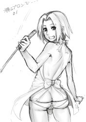 Rule 34 | 1girl, apron, ass, back, bare back, bow, butt crack, cameltoe, clenched teeth, from behind, grin, haruno sakura, holding, holding weapon, huge ass, japanese text, konakona, looking at viewer, looking back, lowleg, lowleg panties, monochrome, naked apron, naruto, naruto (series), panties, short hair, sketch, smile, solo, teeth, text focus, translation request, underwear, weapon, white background