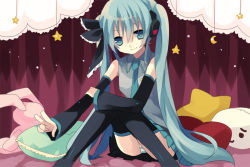 Rule 34 | 1girl, aqua eyes, aqua hair, bad id, bad pixiv id, detached sleeves, female focus, hanepochi, hatsune miku, long hair, necktie, panties, pillow, sitting, skirt, smile, solo, striped clothes, striped panties, thighhighs, twintails, underwear, v, very long hair, vocaloid, zettai ryouiki