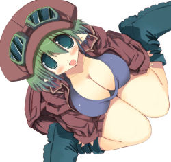 Rule 34 | 1girl, blush, boots, breasts, cleavage, goggles, goggles on head, green eyes, green hair, hat, jpeg artifacts, kneeling, large breasts, looking at viewer, matching hair/eyes, open mouth, original, pointy ears, sakaki (noi-gren), solo